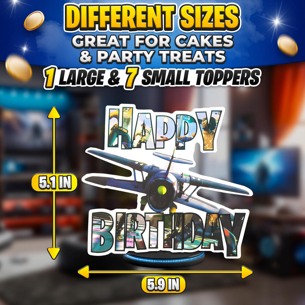 V TOWER Video Game Cake Topper with 7 Action Figures & Large Logo | Sturdy Cardboard Decorations