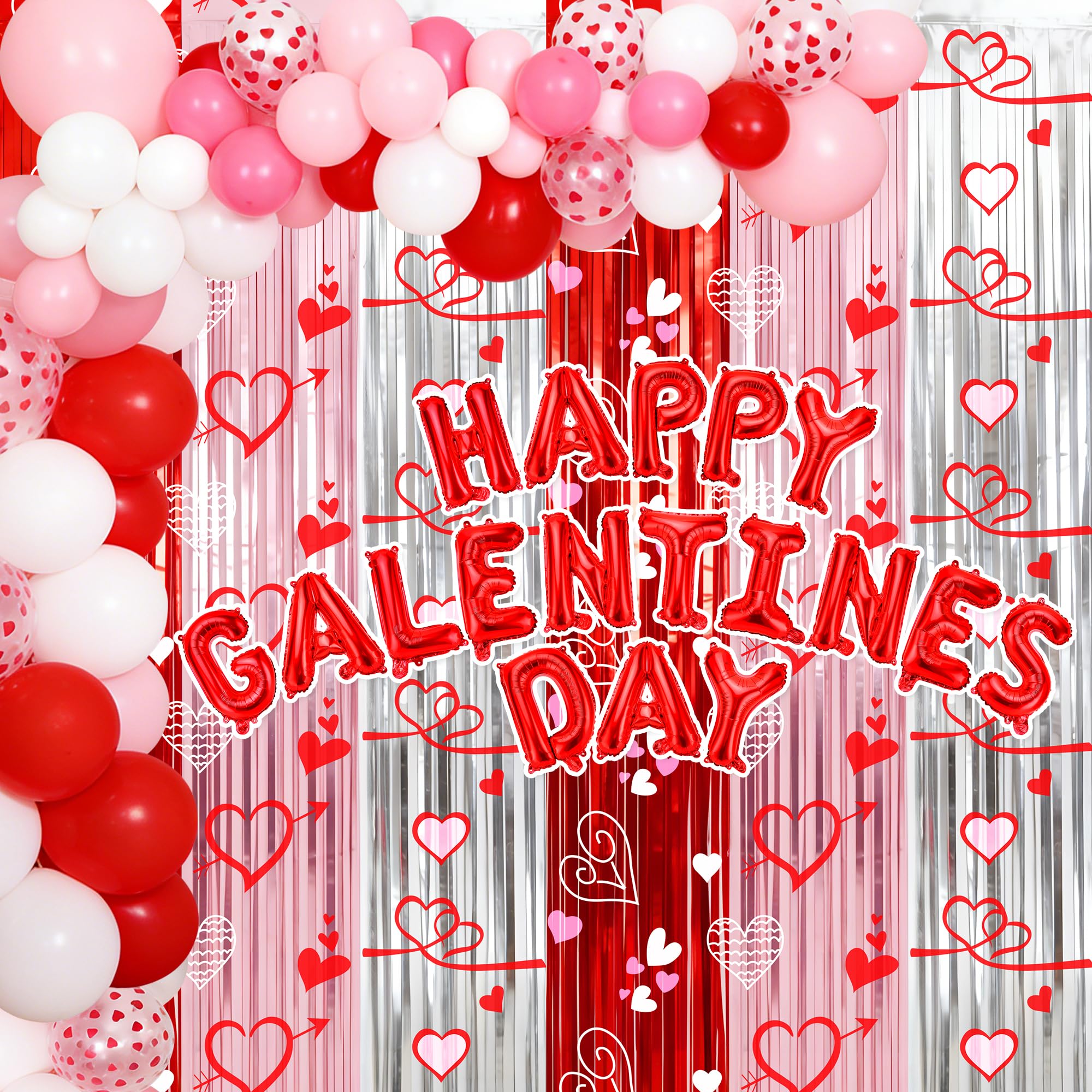 Vynium 111 Pcs Happy Galentines Day Decorations Kit – Balloons, Banner & Fringe Curtains