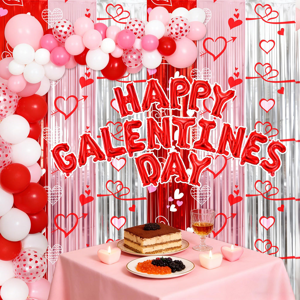 Vynium 111 Pcs Happy Galentines Day Decorations Kit – Balloons, Banner & Fringe Curtains