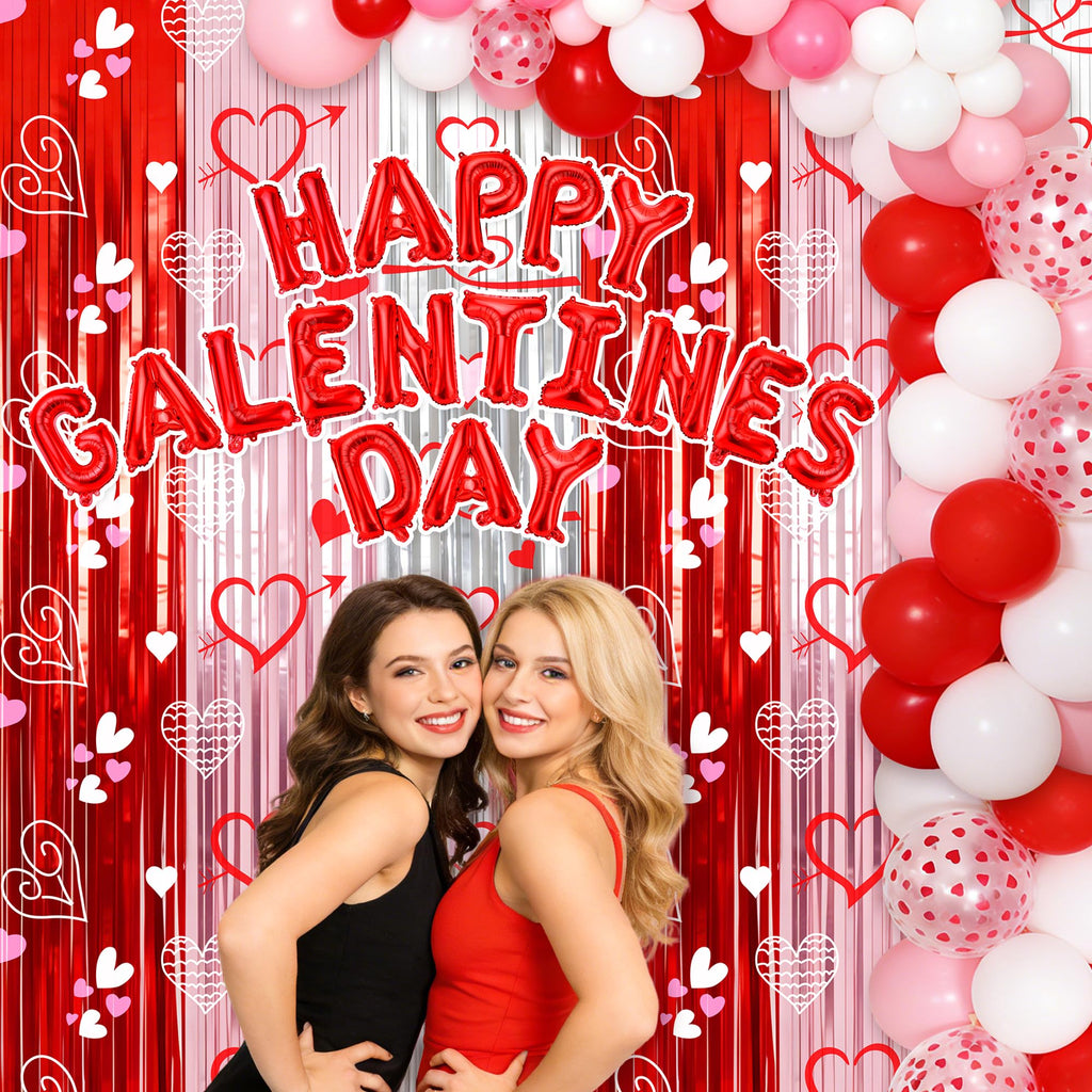 Vynium 111 Pcs Happy Galentines Day Decorations Kit – Balloons, Banner & Fringe Curtains