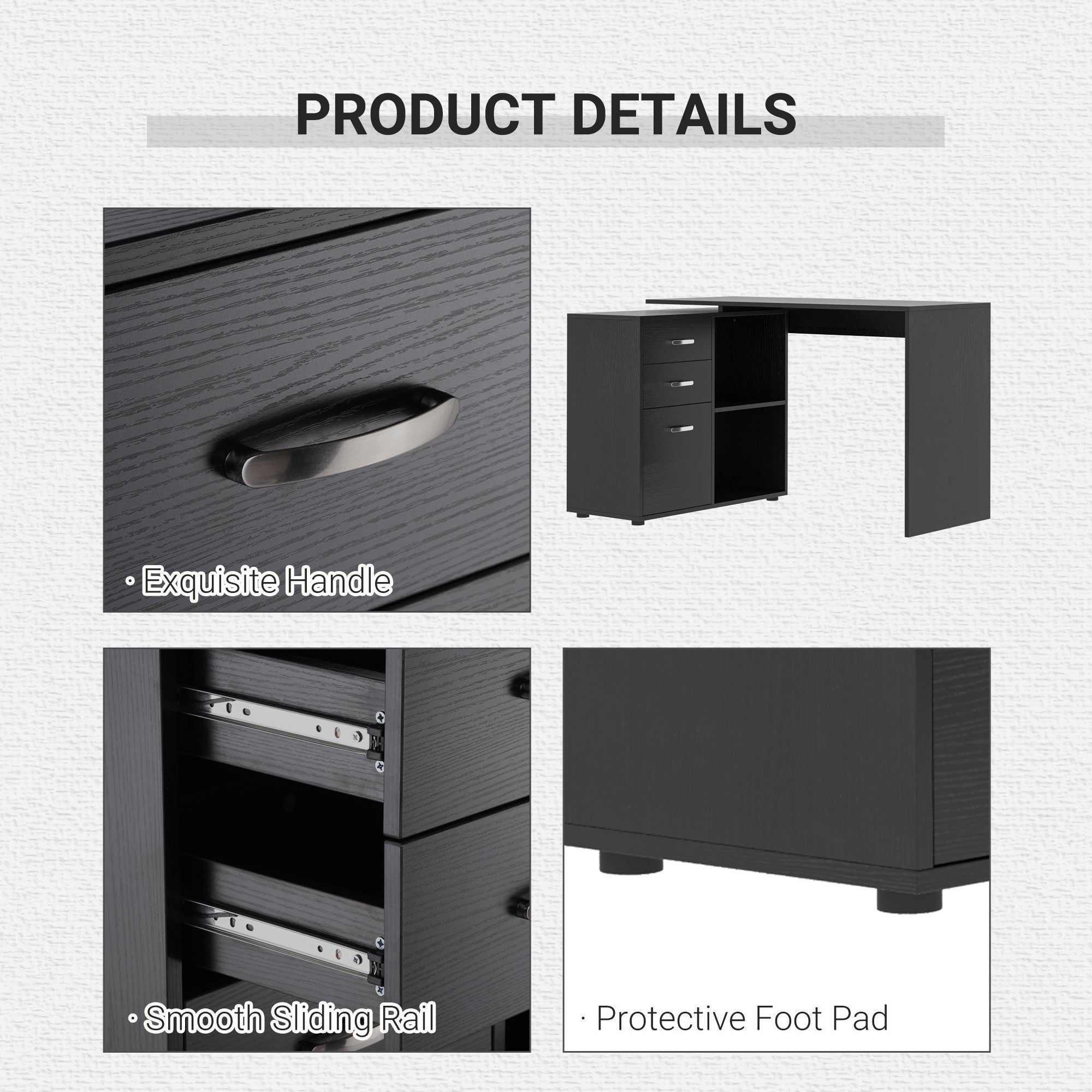 HOMCOM L Shaped Computer Desk, Reversible Home Office Desk with Drawers, File Cabinet and Storage Shelves, Study Table, 117 x 83.5 x 76cm, Black
