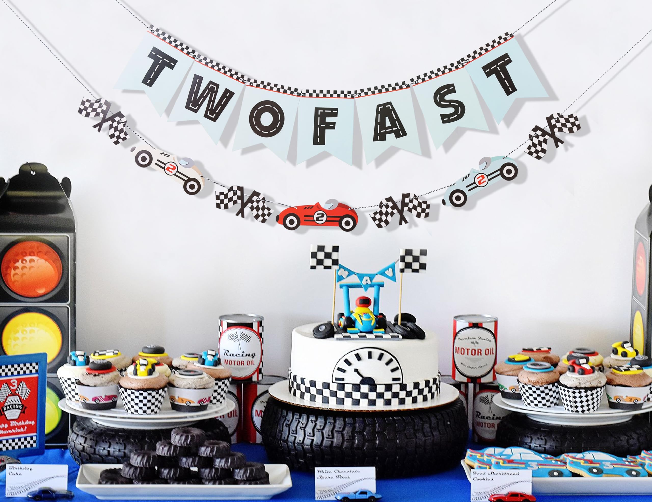 WAUAO Two Fast Banner – Race Car Birthday Decorations & Vintage Racing Car Banner