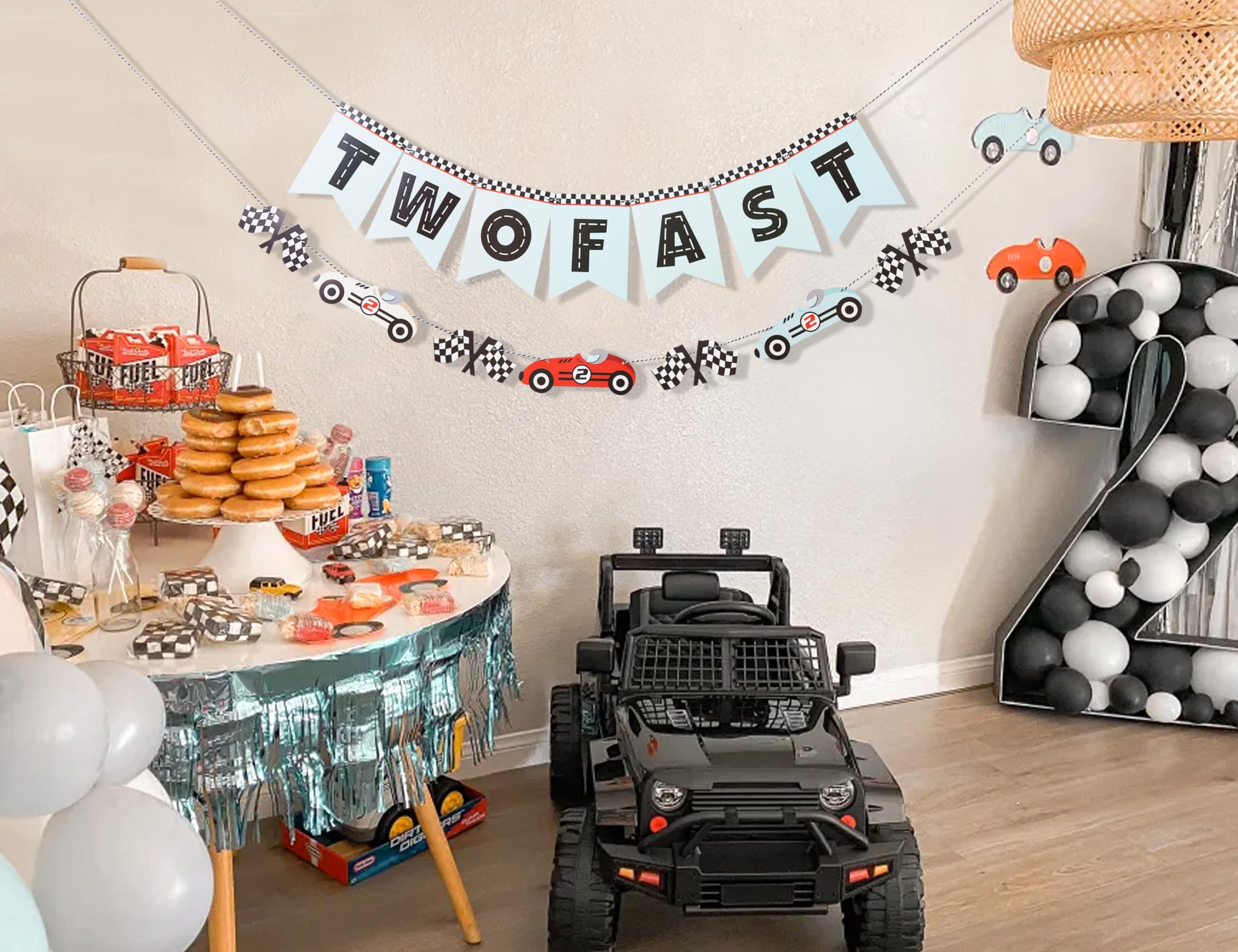 WAUAO Two Fast Banner – Race Car Birthday Decorations & Vintage Racing Car Banner