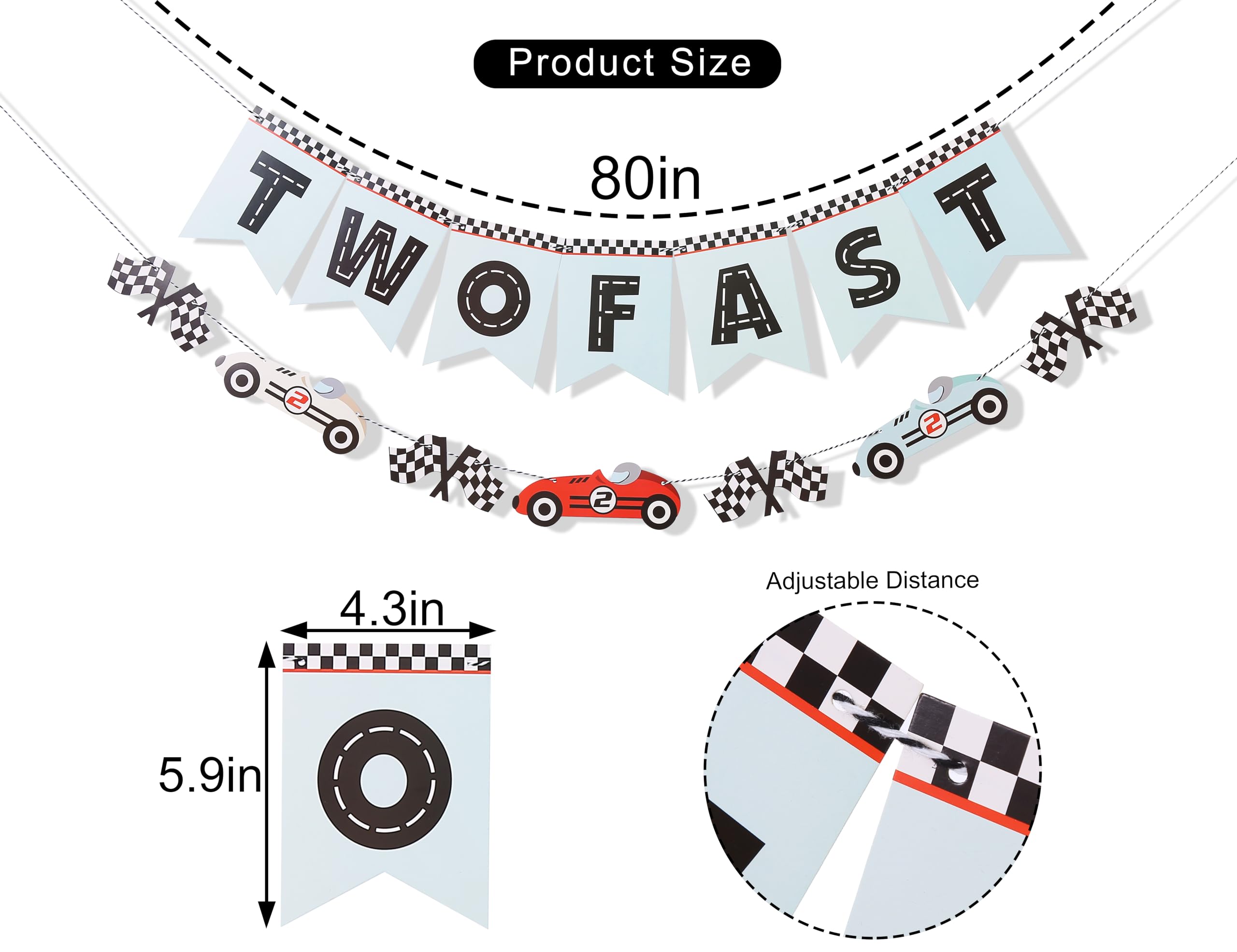 WAUAO Two Fast Banner – Race Car Birthday Decorations & Vintage Racing Car Banner