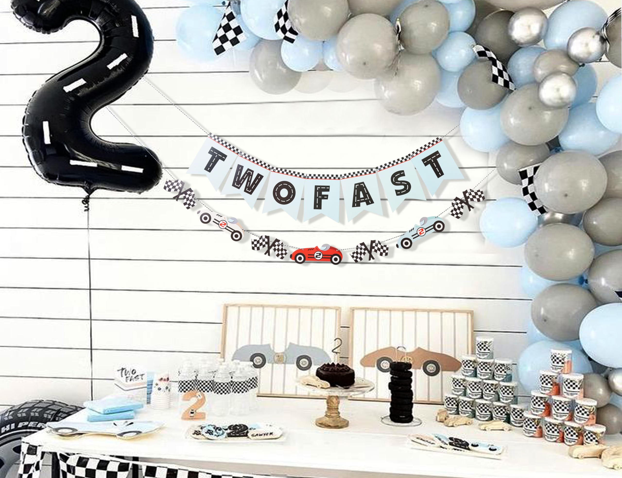 WAUAO Two Fast Banner – Race Car Birthday Decorations & Vintage Racing Car Banner