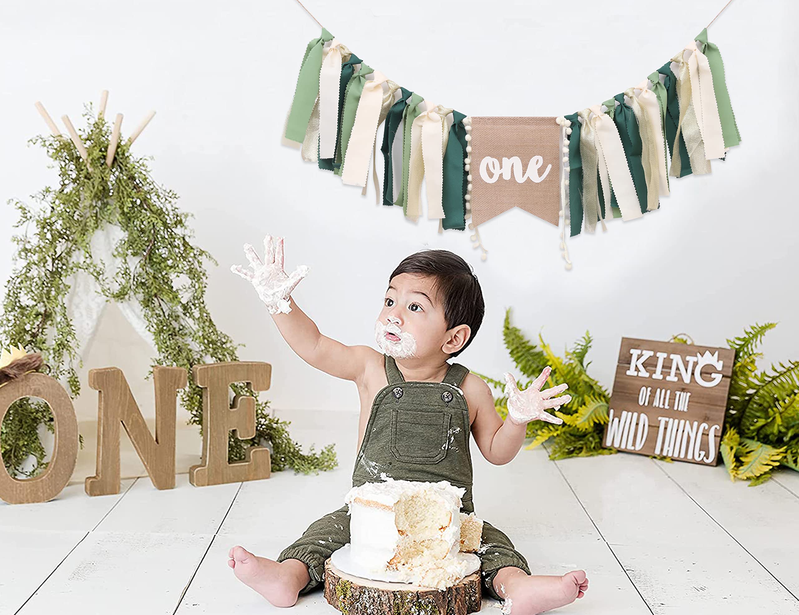WAUAO Wild One Highchair Banner – Jungle Safari Birthday Decor for Baby Boy (Green)