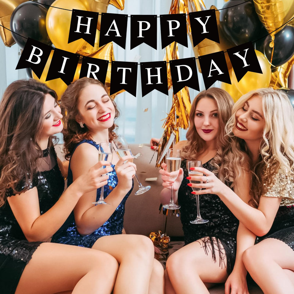 Waenerec Black Happy Birthday Banner — Stylish Party Garland for Any Age