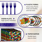 WAHA-GG 96 Pcs 3D Cube Supplies – Colorful Plates, Napkins & Forks for 24 Guests