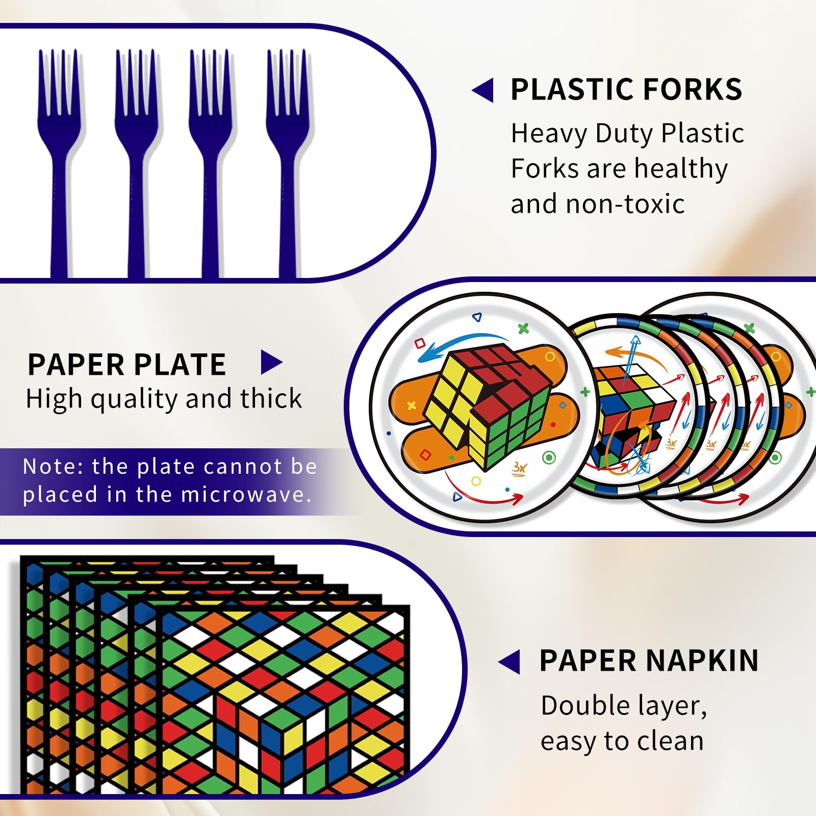WAHA-GG 96 Pcs 3D Cube Supplies – Colorful Plates, Napkins & Forks for 24 Guests