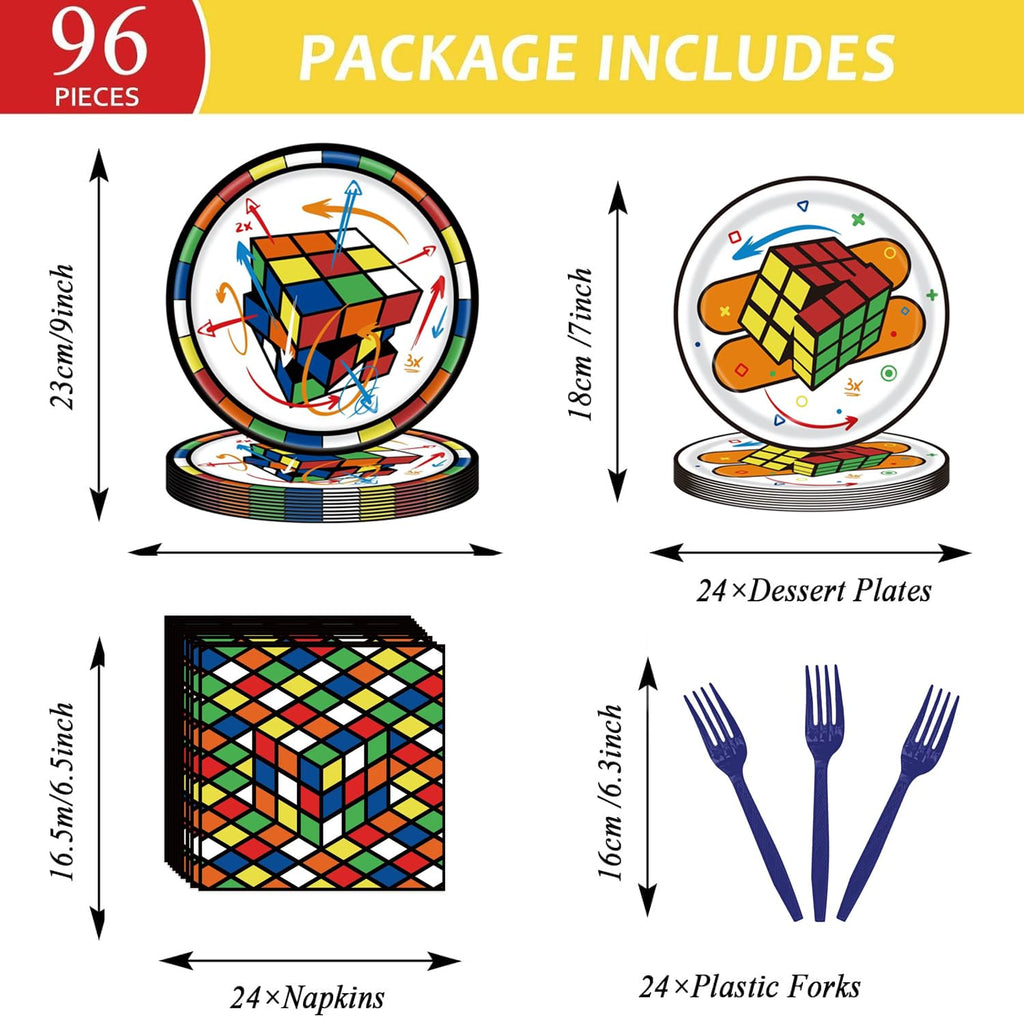 WAHA-GG 96 Pcs 3D Cube Supplies – Colorful Plates, Napkins & Forks for 24 Guests