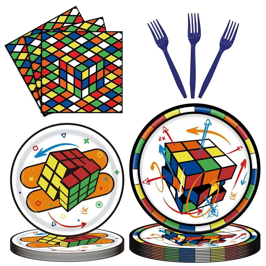 WAHA-GG 96 Pcs 3D Cube Supplies – Colorful Plates, Napkins & Forks for 24 Guests