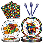 WAHA-GG 96 Pcs 3D Cube Supplies – Colorful Plates, Napkins & Forks for 24 Guests