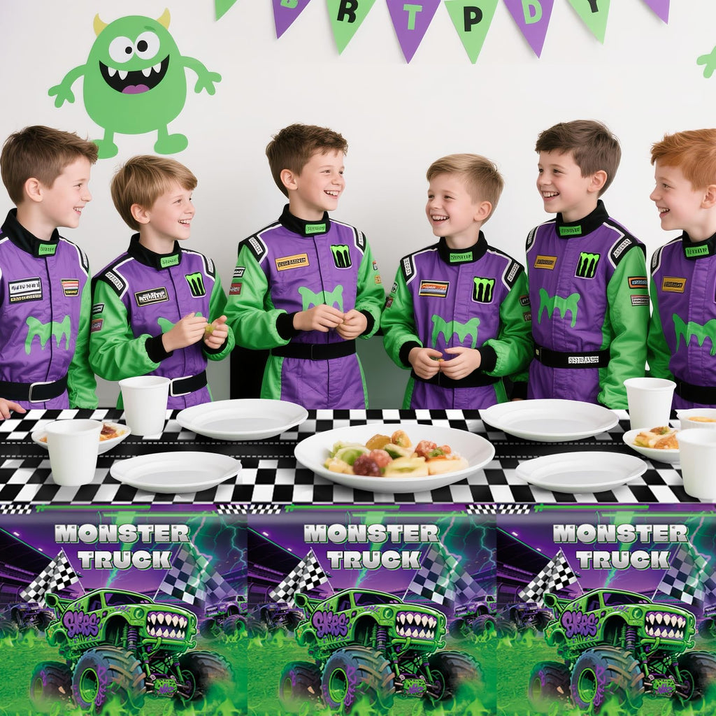 Wakeys 3-Pack Monster Truck Tablecloths – 54x108in, Purple/Green Glitter, Waterproof & Disposable