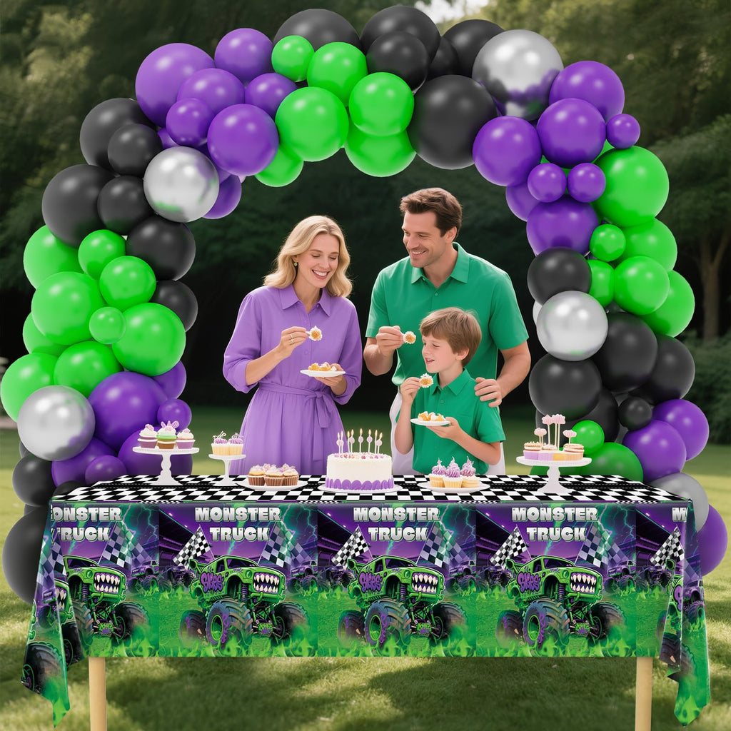 Wakeys 3-Pack Monster Truck Tablecloths – 54x108in, Purple/Green Glitter, Waterproof & Disposable
