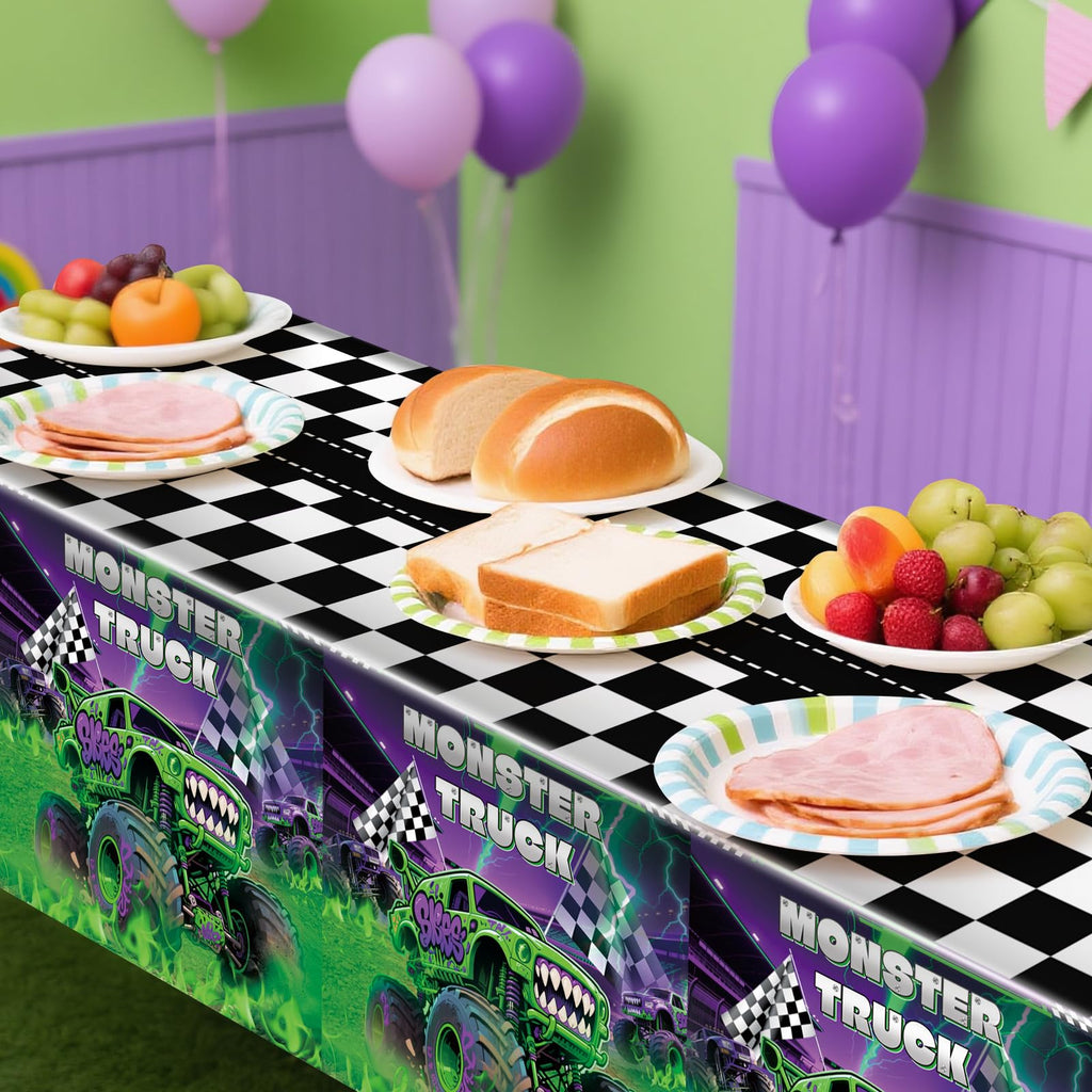 Wakeys 3-Pack Monster Truck Tablecloths – 54x108in, Purple/Green Glitter, Waterproof & Disposable