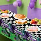 Wakeys 3-Pack Monster Truck Tablecloths – 54x108in, Purple/Green Glitter, Waterproof & Disposable