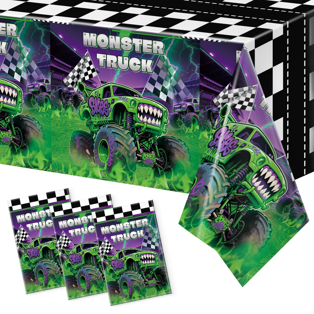 Wakeys 3-Pack Monster Truck Tablecloths – 54x108in, Purple/Green Glitter, Waterproof & Disposable