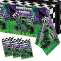 Wakeys 3-Pack Monster Truck Tablecloths – 54x108in, Purple/Green Glitter, Waterproof & Disposable