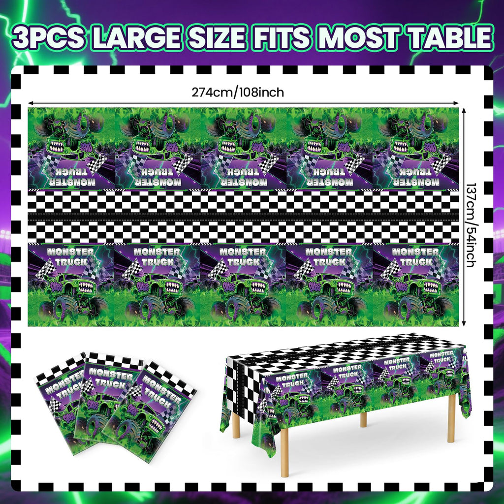 Wakeys 3-Pack Monster Truck Tablecloths – 54x108in, Purple/Green Glitter, Waterproof & Disposable
