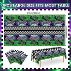 Wakeys 3-Pack Monster Truck Tablecloths – 54x108in, Purple/Green Glitter, Waterproof & Disposable