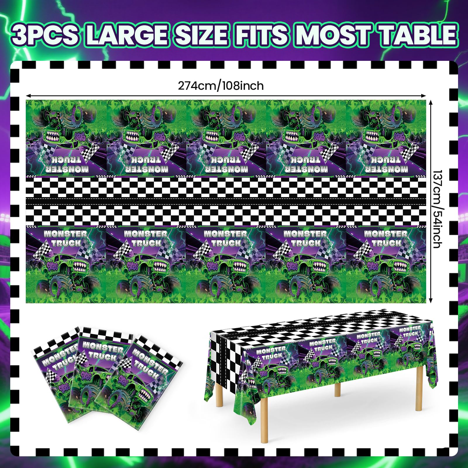 Wakeys 3-Pack Monster Truck Tablecloths – 54x108in, Purple/Green Glitter, Waterproof & Disposable