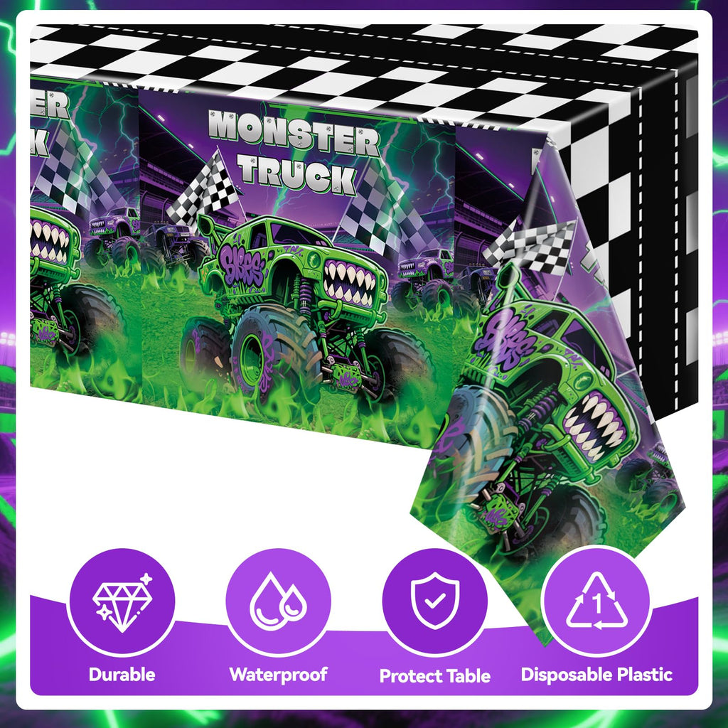 Wakeys 3-Pack Monster Truck Tablecloths – 54x108in, Purple/Green Glitter, Waterproof & Disposable