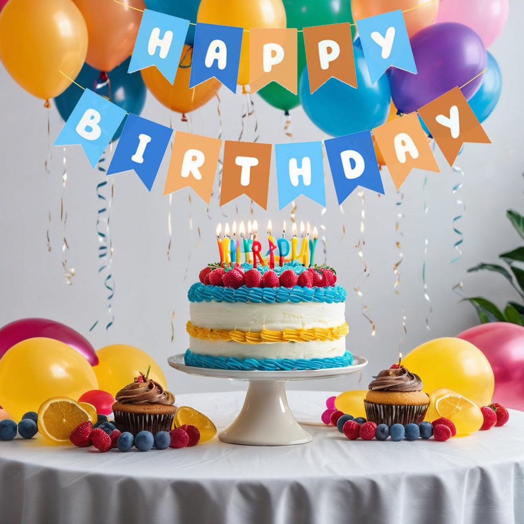 Waliah Blue & Orange Birthday Banner – Happy Birthday Party Decor for Boys & Kids