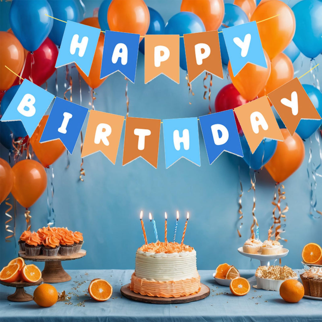 Waliah Blue & Orange Birthday Banner – Happy Birthday Party Decor for Boys & Kids