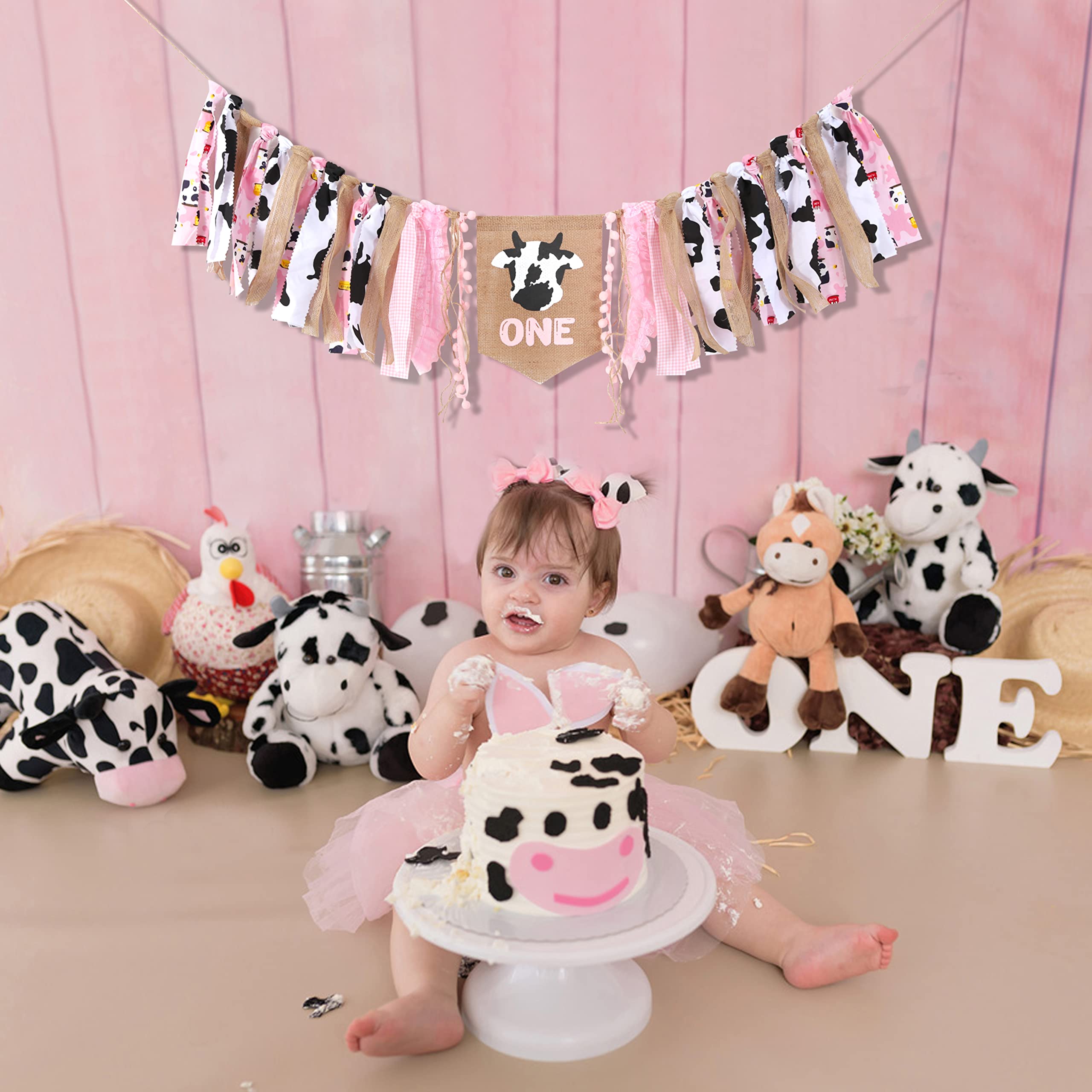 WAUAO Cowgirl One High Chair Banner - Pink Farm Western Birthday Decoration