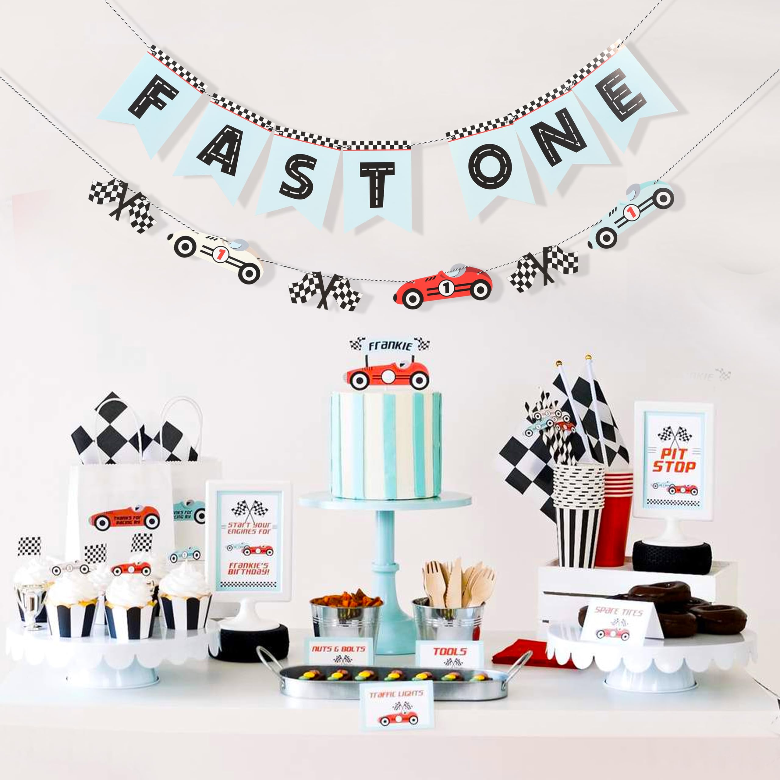 WAUAO Race Car Fast One Banner – 1st Birthday Racing Party Decor