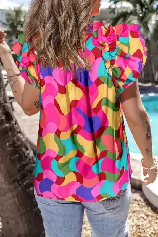 Multicolour Abstract Ruffle Sleeve Blouse Women UK