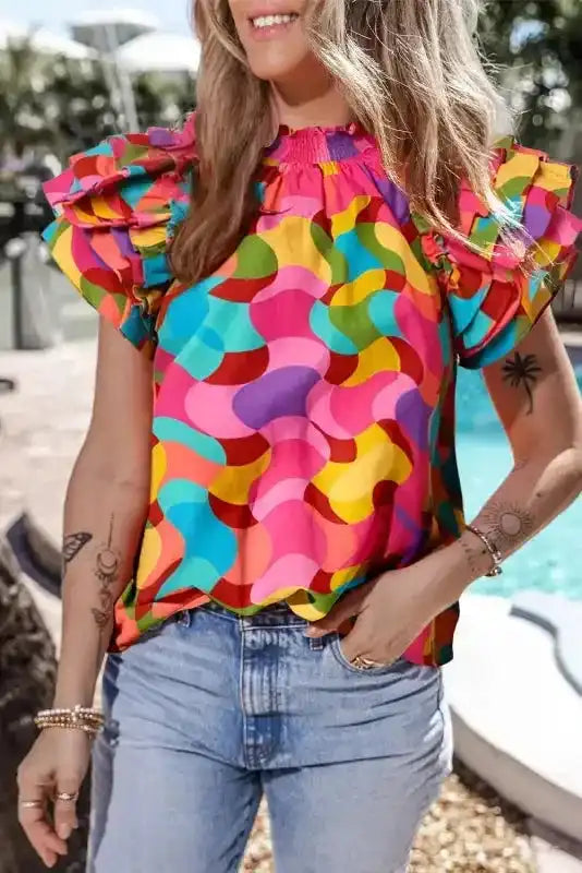 Multicolour Abstract Ruffle Sleeve Blouse Women UK