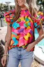 Multicolour Abstract Ruffle Sleeve Blouse Women UK
