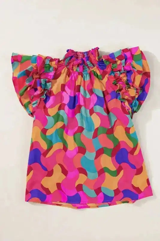Multicolour Abstract Ruffle Sleeve Blouse Women UK