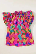 Multicolour Abstract Ruffle Sleeve Blouse Women UK