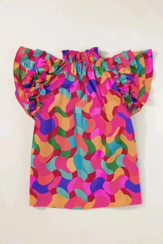 Multicolour Abstract Ruffle Sleeve Blouse Women UK