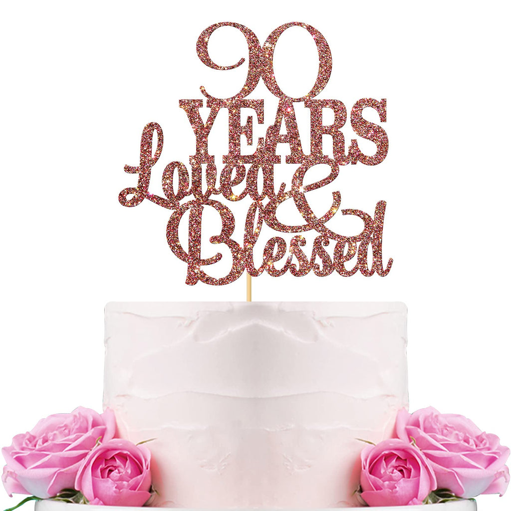 WeBenison 90th Birthday Cake Topper – Blessed & Loved, Rose Gold Glitter