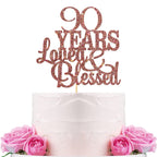 WeBenison 90th Birthday Cake Topper – Blessed & Loved, Rose Gold Glitter