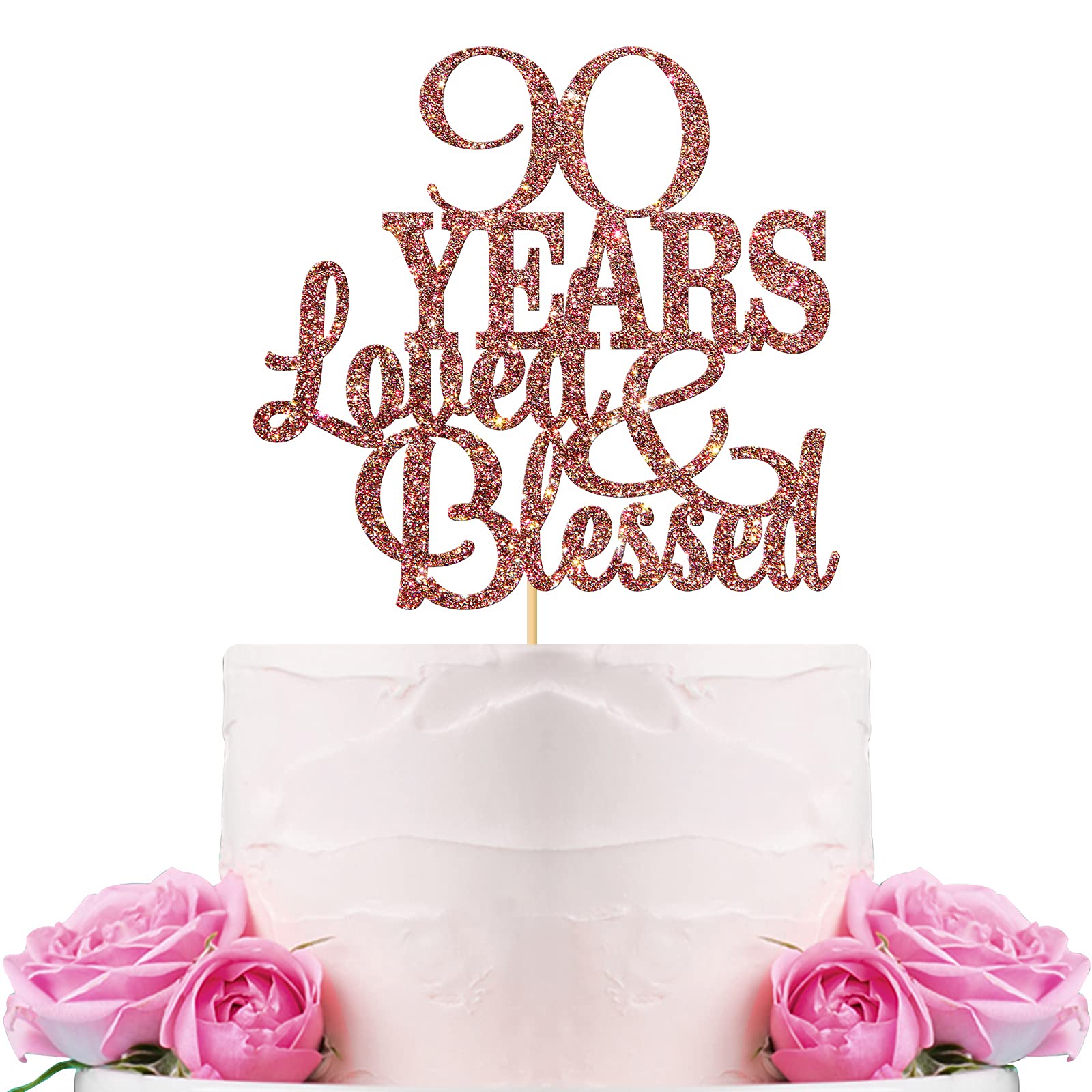 WeBenison 90th Birthday Cake Topper – Blessed & Loved, Rose Gold Glitter