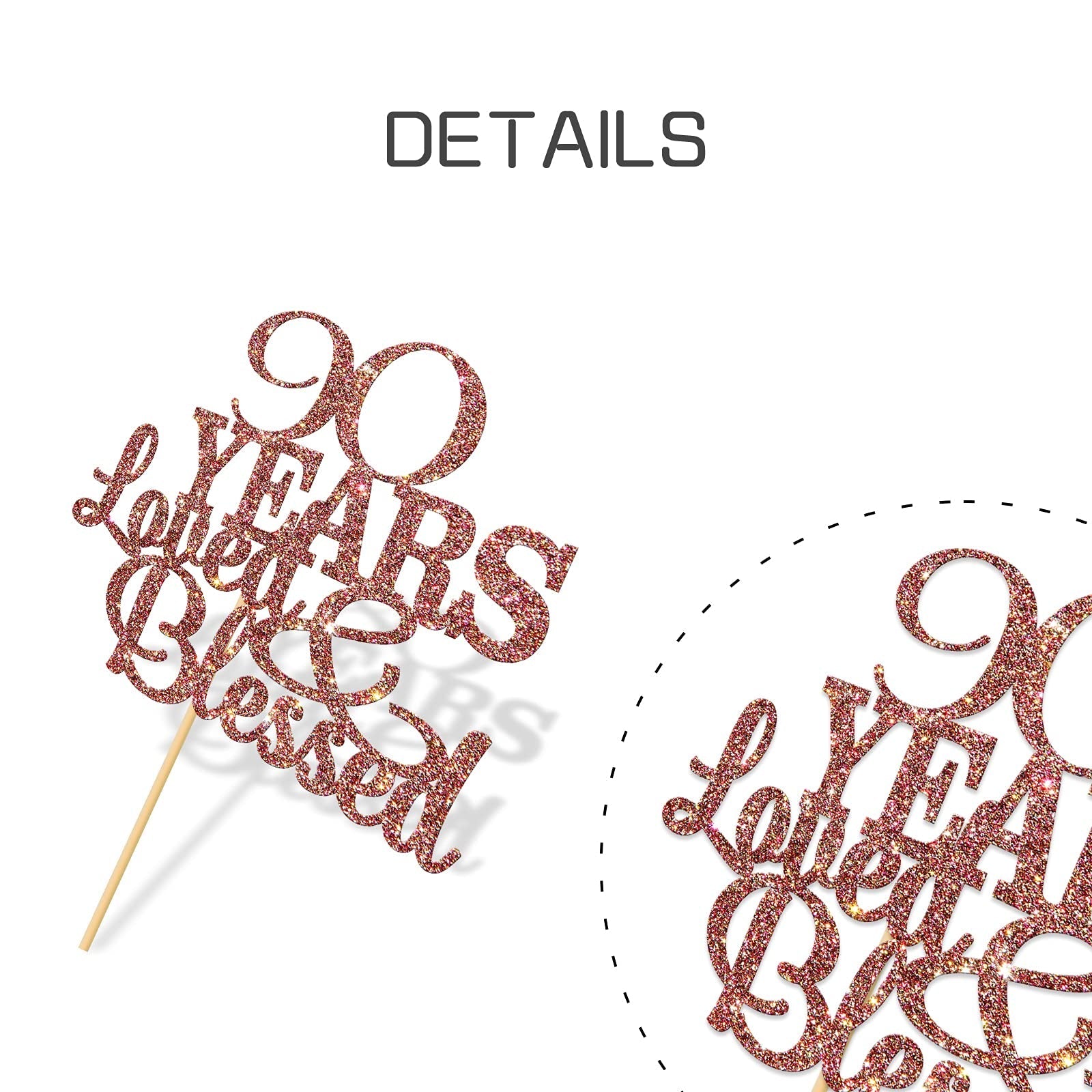 WeBenison 90th Birthday Cake Topper – Blessed & Loved, Rose Gold Glitter