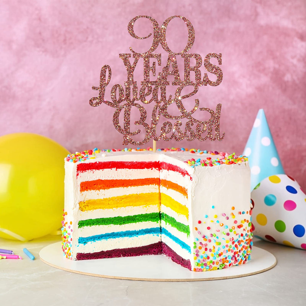WeBenison 90th Birthday Cake Topper – Blessed & Loved, Rose Gold Glitter