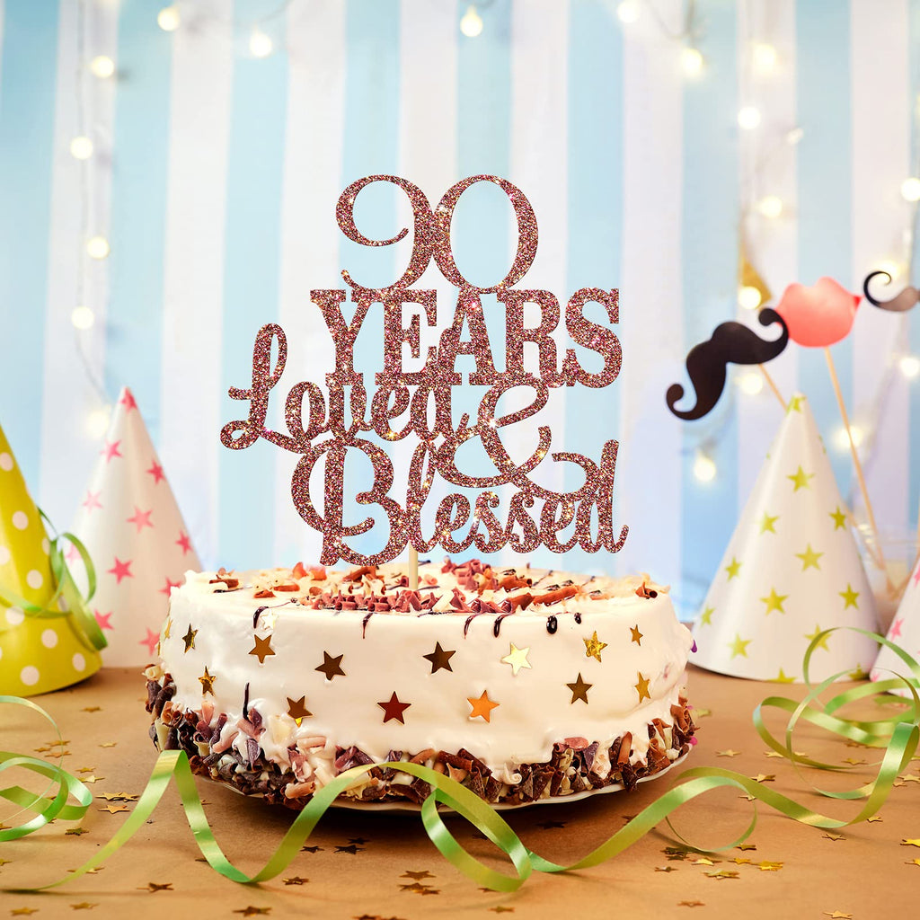 WeBenison 90th Birthday Cake Topper – Blessed & Loved, Rose Gold Glitter
