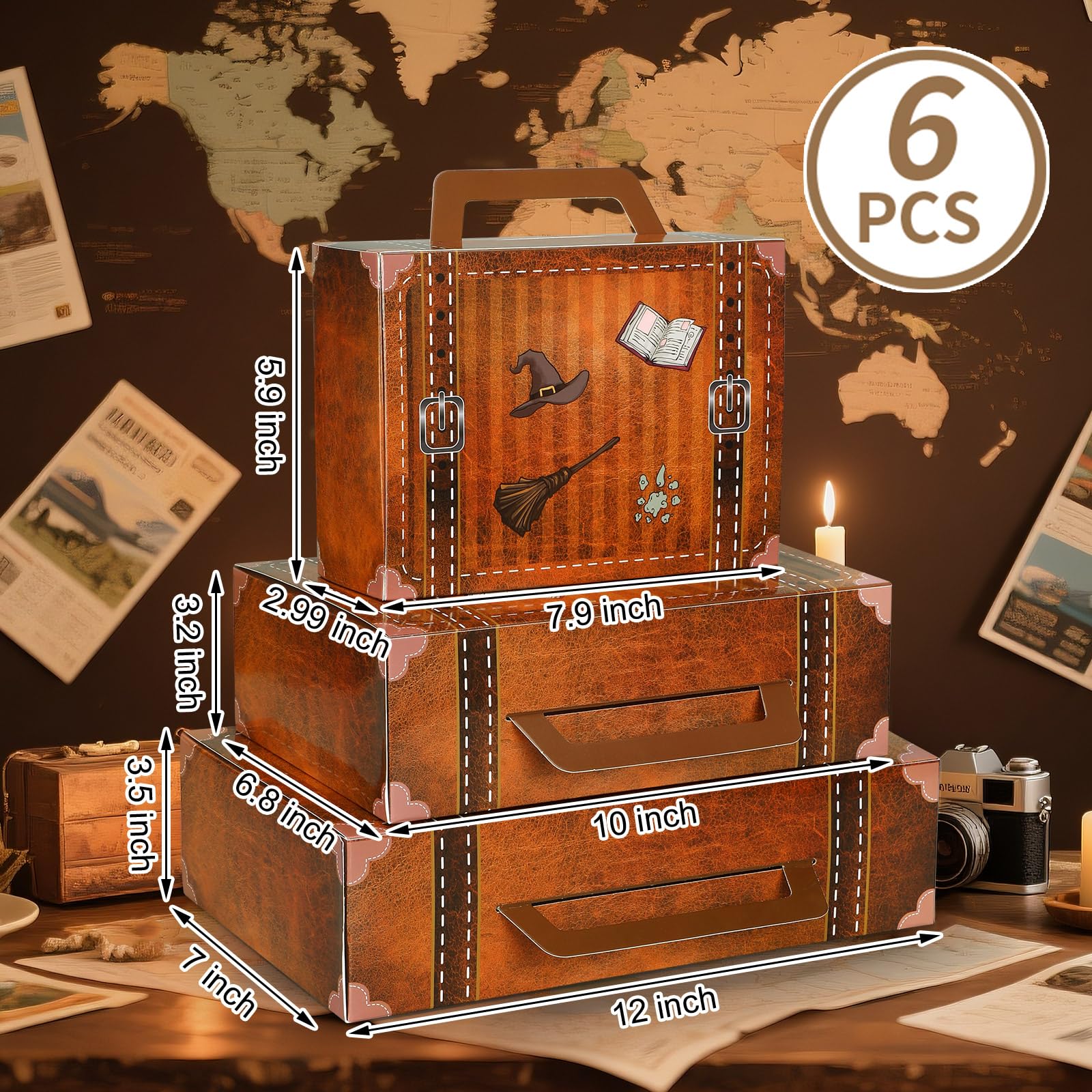 Weekgrat 6 Pcs Magic Theme Party Decorations – Vintage Cardboard Suitcases (3 Sizes)