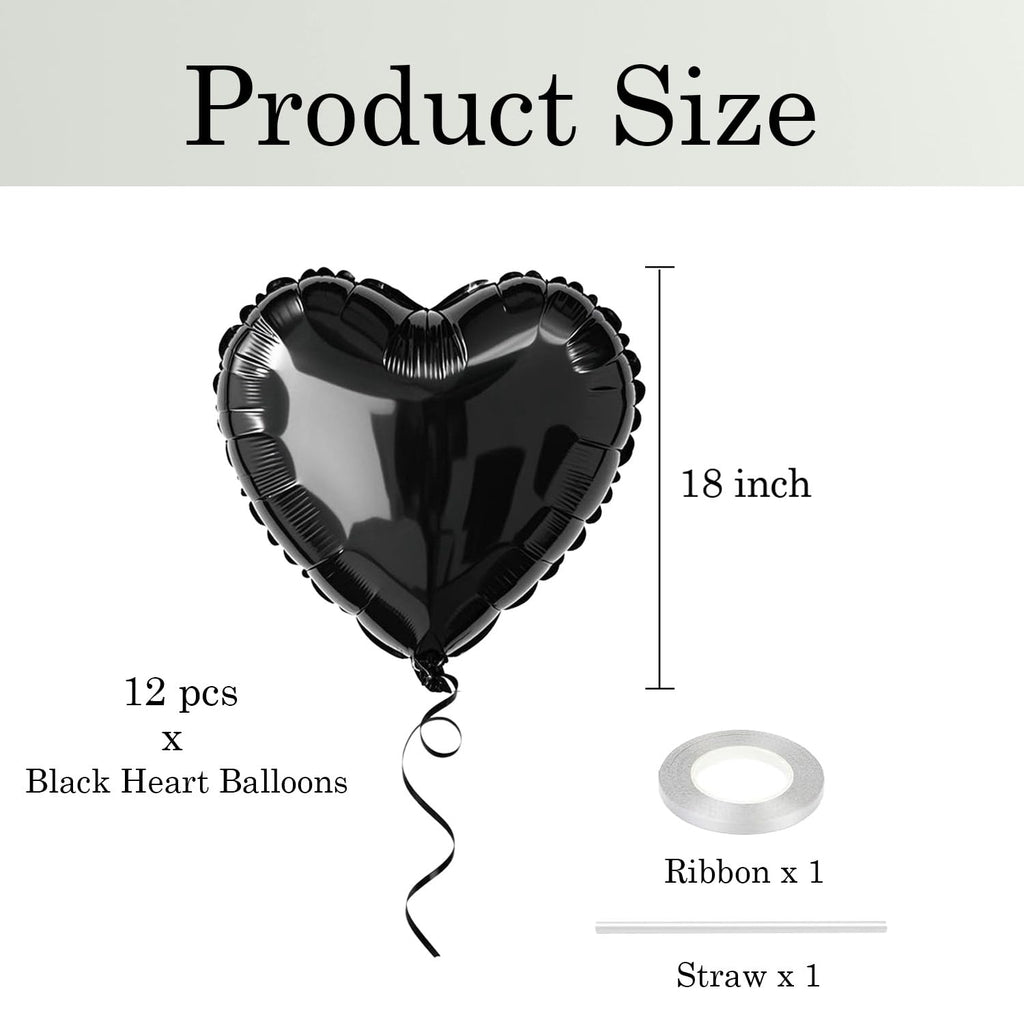 WEIKA 18-Inch Black Heart Balloons – 12pc Foil Heart Balloons for Parties
