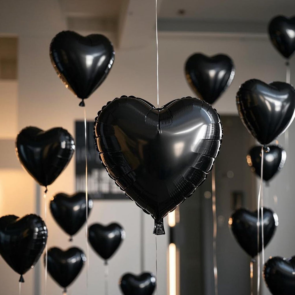 WEIKA 18-Inch Black Heart Balloons – 12pc Foil Heart Balloons for Parties