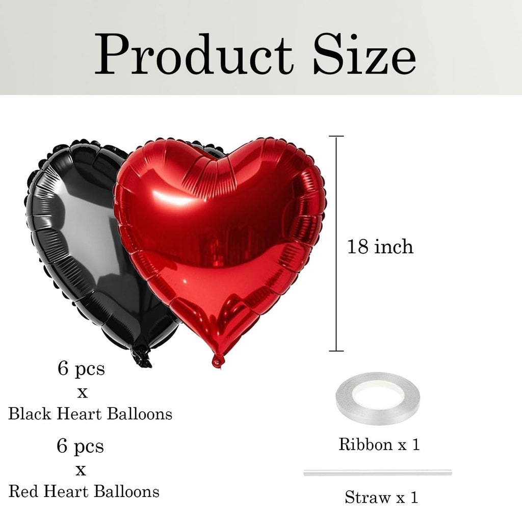 WEIKA 18 Inch Black Red Heart Balloons - 12 Pcs Foil Mylar Party Decor