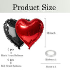 WEIKA 18 Inch Black Red Heart Balloons - 12 Pcs Foil Mylar Party Decor