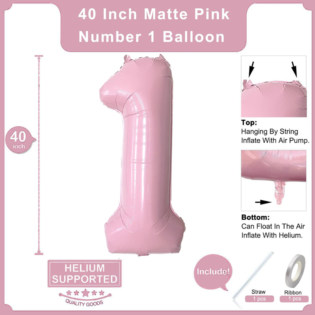WEILINZHOU 40in Matte Pink Number 1 Balloon + 26in Script ONE Banner — 1st Birthday Decorations for Boy or Girl