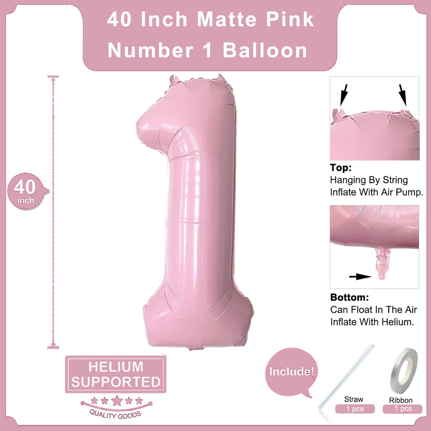 WEILINZHOU 40in Matte Pink Number 1 Balloon + 26in Script ONE Banner — 1st Birthday Decorations for Boy or Girl