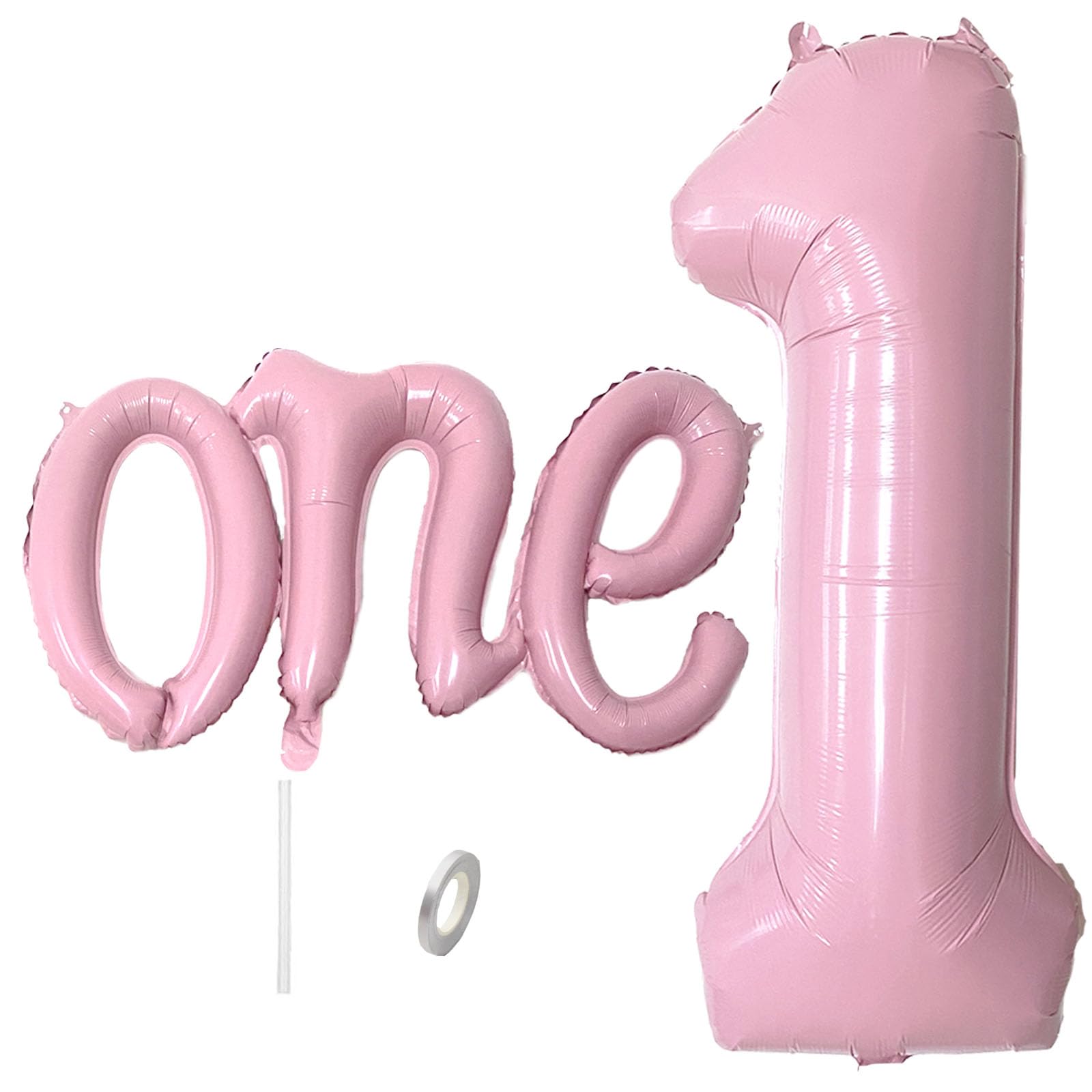 WEILINZHOU 40in Matte Pink Number 1 Balloon + 26in Script ONE Banner — 1st Birthday Decorations for Boy or Girl